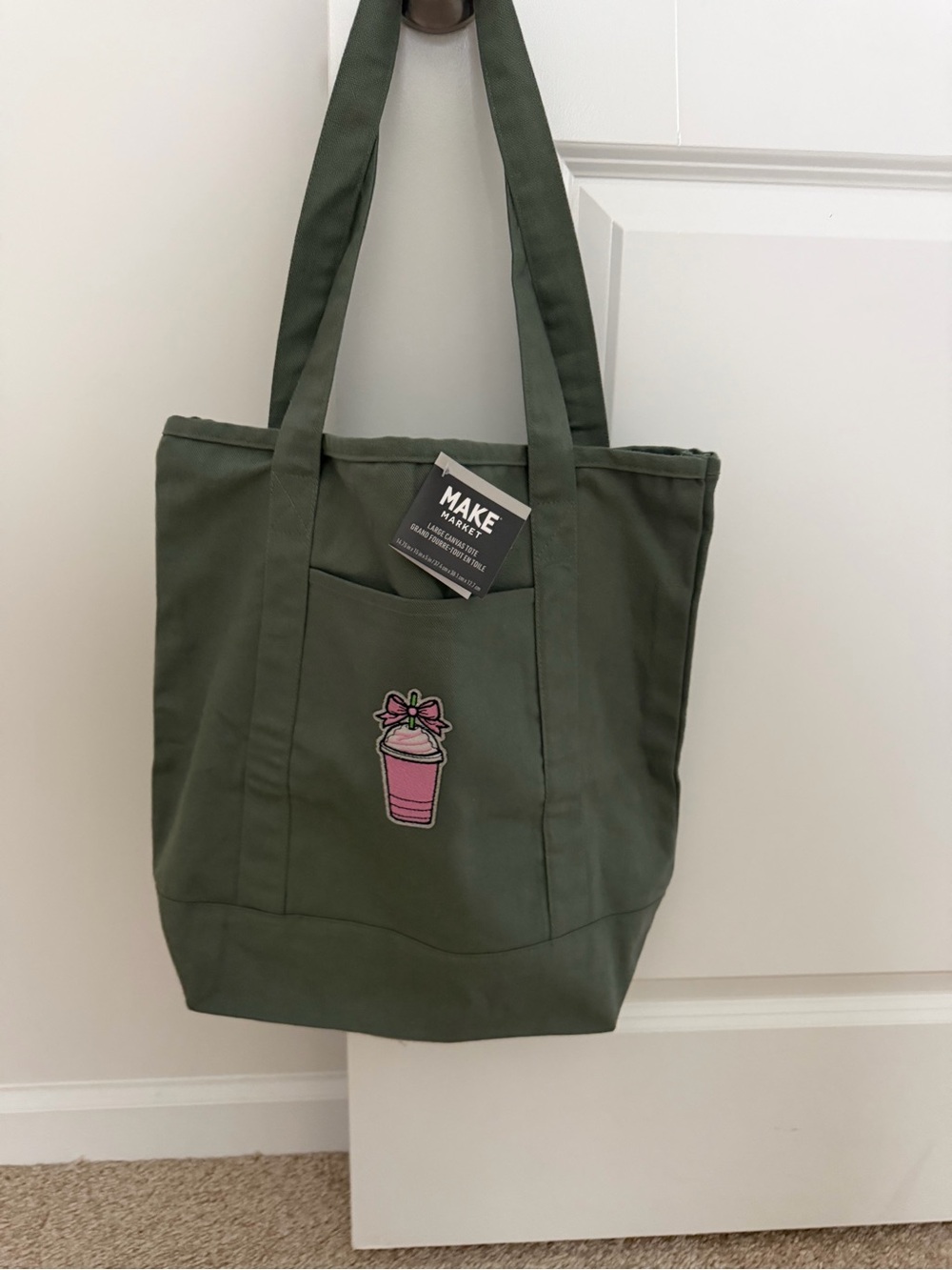 Makers Market Olive Green Canvas Tote with Pink Cup Patch